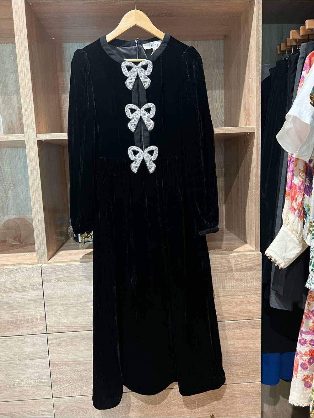 SALONI Black Velvet Midi Dress with Crystal Bow Details